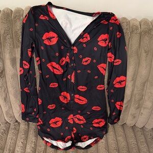 Black Romper with Red Lip Print